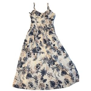 Storia Maxi Sundress Womens Size L Blue Brown Floral Smocked Lined Cottagecore